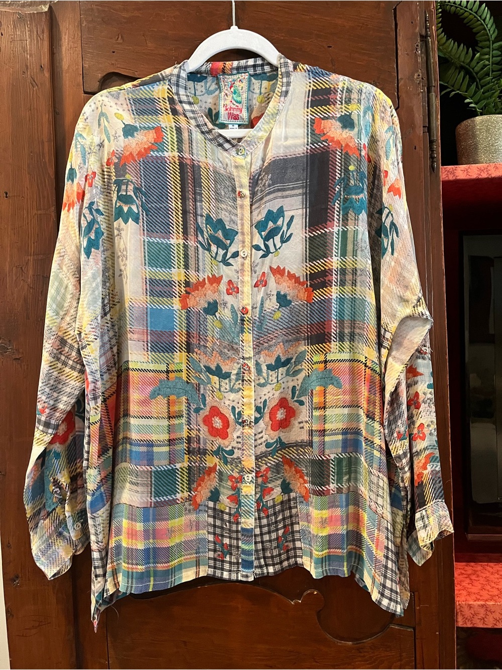 Johnny Was Ivory Multicolor Plaid & Floral Button-Down Blouse